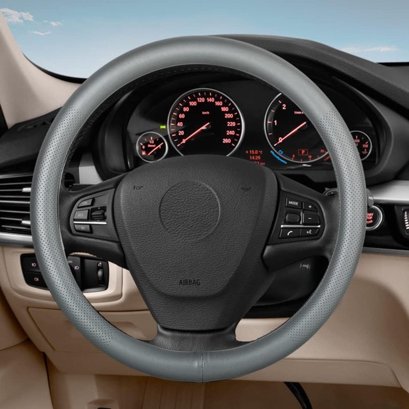 VARGTR Car Steering Wheel Cover Universal 15 Inch Premium Leather Car Steering Wheel Cover Best Grip Perforated Design Breathable Non-Slip Sweat-Absorbent Warm in Winter and Cool in Summer (Gray) - Image 4